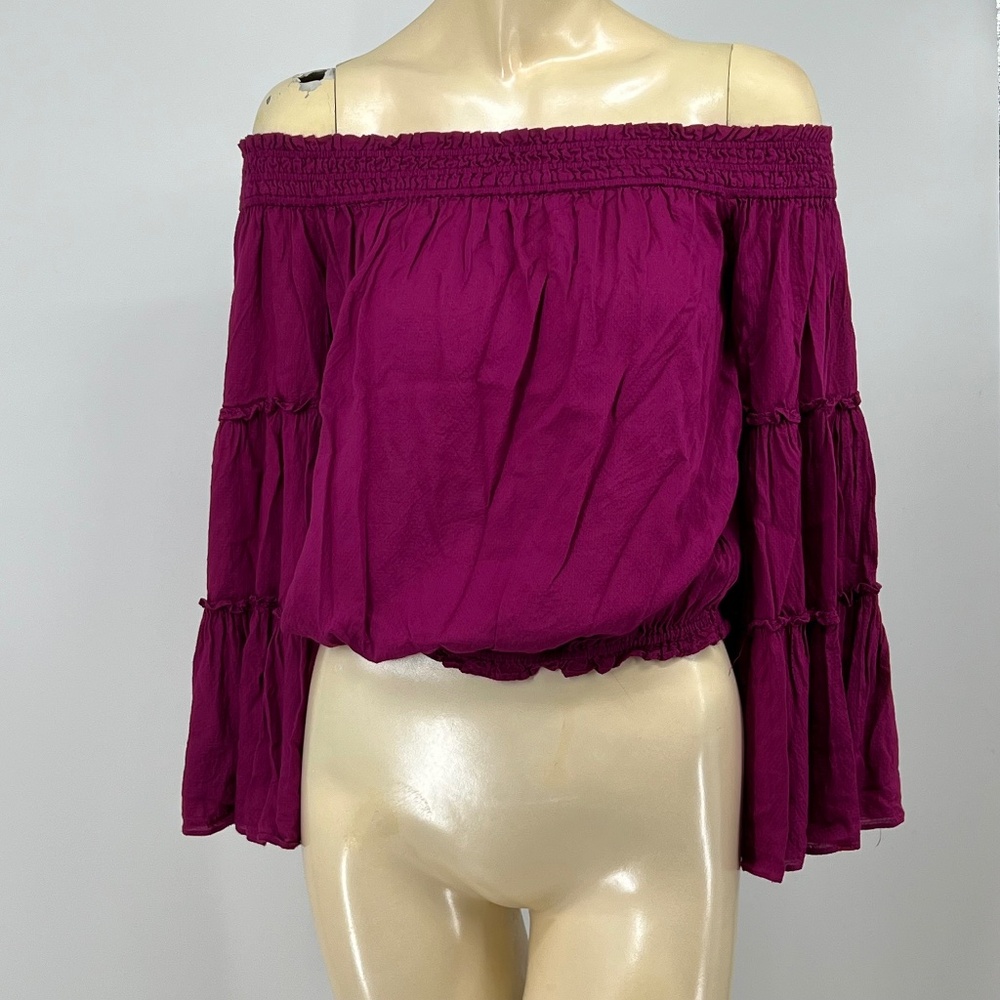 Free People Off Shoulder Tiered Flare Sleeve Fuschia Top S Romantic Indie Boho